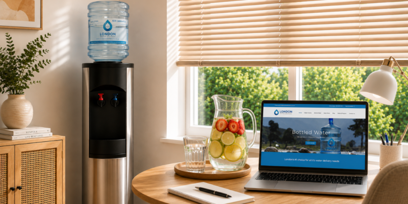 Modern home office with a stainless steel water cooler, infused water and sunlight streaming through the window during a summer heatwave.